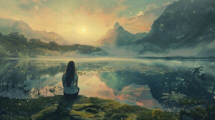 Poster - A woman sits on a rock overlooking a serene lake scene, perfect for use in travel or outdoor lifestyle images