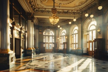 Aufkleber - A grand room with a high ceiling, chandelier and marble flooring