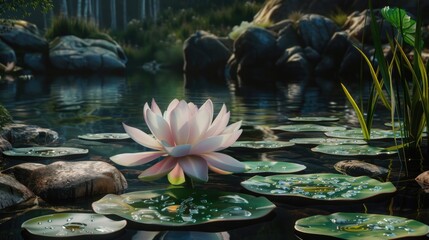 Aufkleber - A pink flower sits alone in the center of a peaceful pond, surrounded by calm water and lush greenery
