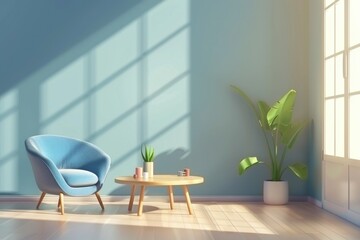 Poster - Cozy living room scene with blue chair and coffee table, perfect for home decor or lifestyle images