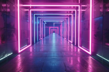 Poster - Long corridor with neon lights, ideal for futuristic or sci-fi scenes