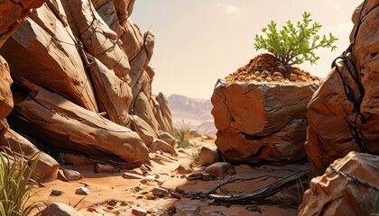 Poster - Life Finds A Way - A Green Plant Growing Through Rocks in the Desert.