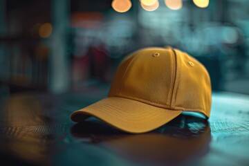 Poster - A single yellow hat sits atop a wooden table, great for decorative or illustrative purposes