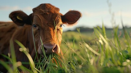 Wall Mural - A single brown cow grazing on the edge of a lush green field