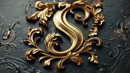 Poster - A close-up shot of a shiny gold letter S on a black background