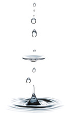 Falling water droplets isolated on white background, full depth of field, transparent png background