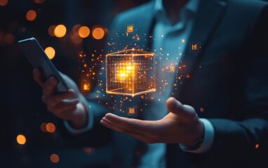 Poster - A businessman holds his phone in one hand and an abstract glowing cube with holographic icons