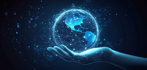Poster - A hand holds a digital glowing globe with futuristic technology and global network connection.