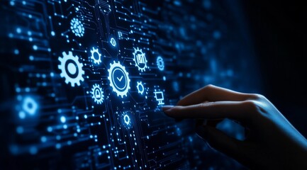 Poster - A hand touching an icon of gears on the screen, with digital circuitry in background, representing AI technology and machine learning