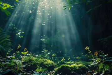 Poster - A serene scene of sunlight filtering through the treetops in a dense forest