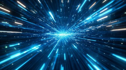 Poster - Blue digital background with light beams and grid, representing the speed of data transfer in technology