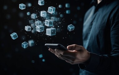 Poster - Businessman holding a mobile phone with a digital hologram of multiple cubes and box icons