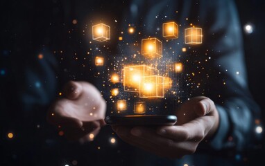 Poster - Businessman holding a mobile phone with a digital hologram of multiple cubes and box icons