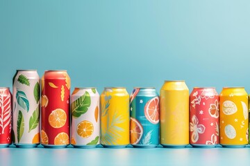 Poster - A row of colorful cans with different flavors of beverages