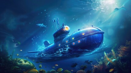 Poster - A submarine navigates through the middle of the ocean, surrounded by water and possibly some sea creatures