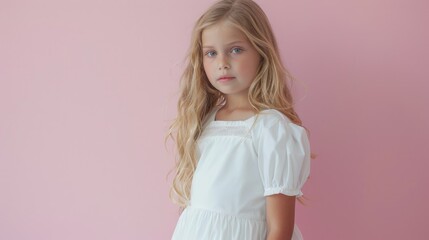 Canvas Print - A young child stands in front of a bright pink wall, wearing a white dress