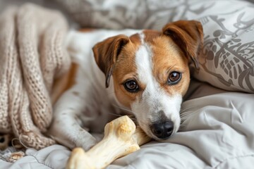 Sticker - A dog is resting on a bed with a bone in its mouth, great for pet or family themes