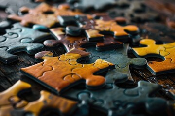 Poster - A pile of puzzle pieces sits on a wooden table, ready to be assembled