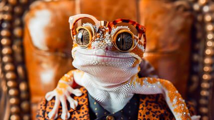 Wall Mural - Stylish and Sophisticated Tokay Gecko Wearing Fashionable Glasses and Suit Sitting Regally on a Throne with Ample Copy Space for Text or Design  Vibrant Colorful and Utterly Unique Wildlife Portrait