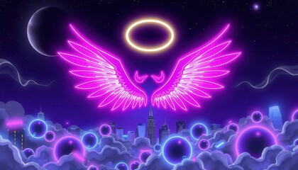 Wall Mural - Neon Wings Over Cityscape.