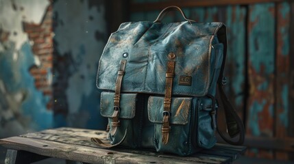 Poster - A blue backpack resting on top of a wooden bench, great for outdoor and adventure themes