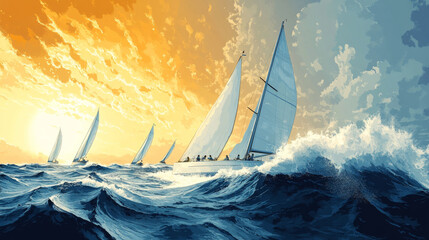 Wall Mural - A painting of a group of sailboats racing in the ocean. The mood of the painting is energetic and exciting, as the boats are moving quickly through the water