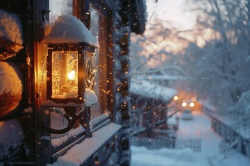 Poster - A street light covered in snow next to a building, perfect for winter scenes or urban landscapes