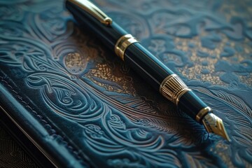 Poster - A pen resting on the cover of a blue book