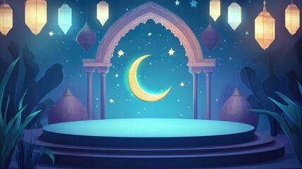 Wall Mural - Islamic display podium decoration background with lantern and crescent cartoon style. Beautiful muslim invitation with ramadan. Eid mubarak. Religion background