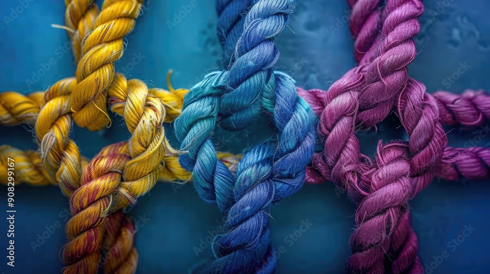 Colorful ropes are tied together. This image symbolizes teamwork ...