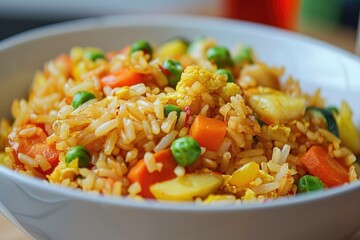 Wall Mural - Close-up shot of a bowl of fried rice. Perfect for illustrating recipes or articles about Asian cuisine.