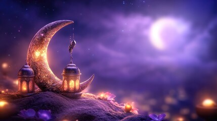 Wall Mural - Eid mubarak and ramadan kareem purple background crescent moon