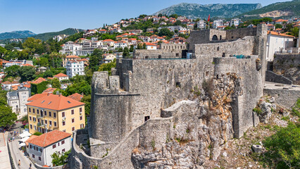 Poster - Aerial view of the Forte Mare fortress in Herceg Novi, a town in located at the western entrance to the Bay of Kotor on the coast of the Adriatic Sea in Montenegro