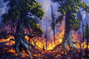 Two Ancient Trees Enveloped in a Fiery Blaze Within a Dense Forest