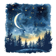 Wall Mural - A painting of a night sky with a crescent moon and stars