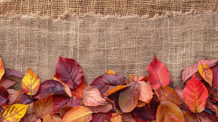 Canvas Print - Vibrant fall foliage on burlap with space for text Autumn theme