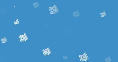 Poster - Image of multiple science textbook icons in seamless pattern on blue background with copy space