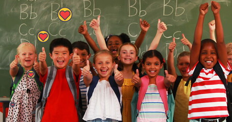 Poster - Image of falling icons over diverse schoolkids in class at school