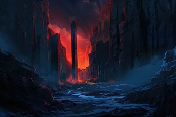 Wall Mural - A Tall Black Pillar Stands Against a Red Sky in a Canyon of Jagged Rocks