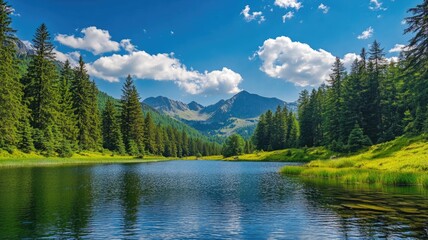 Wall Mural - Serene mountain lake surrounded by lush forest under clear blue sky