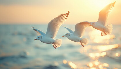 Wall Mural - Seagulls Flying Over Golden Sunset Water