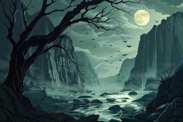 Wall Mural - A moonlit misty scene with a lone tree and bats flying over a lake and cliffs