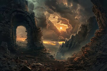 Wall Mural - Ancient stone ruins of a forgotten civilization stand amidst a raging storm.