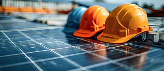 Poster - Three orange and blue hard hats are on a blue surface