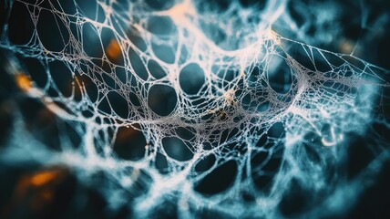 Close-up of intricate spider web with blurred background, highlighted details, ethereal and delicate structure