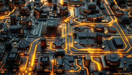 Poster - Abstract Digital Circuitry with Glowing Orange Lines