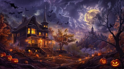 Wall Mural - a spooky halloween scene featuring a haunted house on a hill, surrounded by gnarled trees and illumi