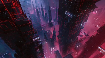 Wall Mural - Cyberpunk Cityscape with Red Neon Lights.