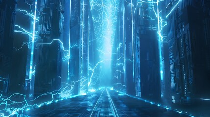 Poster - Futuristic Cityscape with Electric Blue Lighting and Lightning.