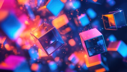 Poster - Abstract Colorful Cubes with Neon Lights and Sparkle Effects
